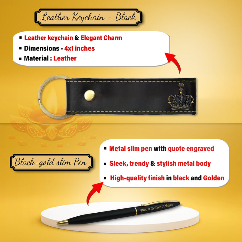 Diwali Gift Set – Men's Leather Wallet, King Charm, Keychain, Pen & 'Happy Diwali' Bottle.