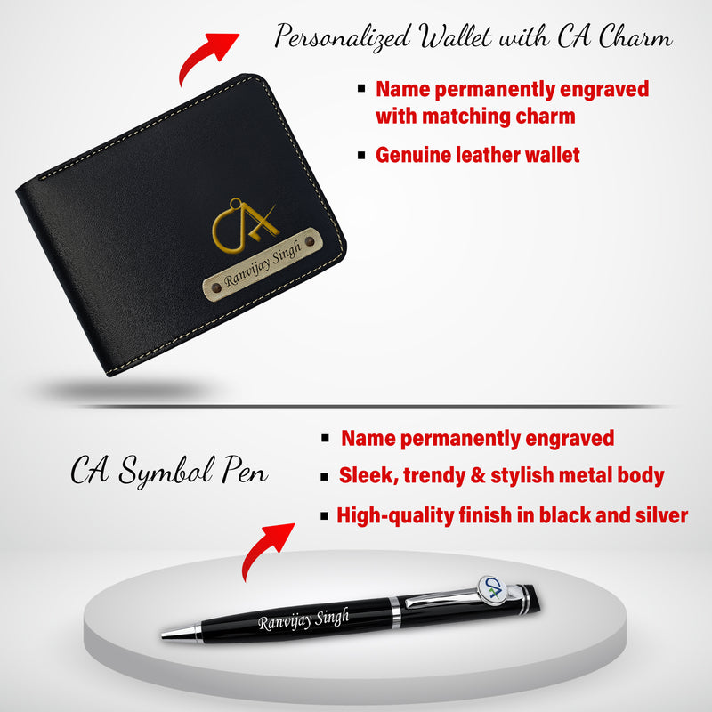 CA Combo: CA Logo Keychain, Pen & Wallet with Name.