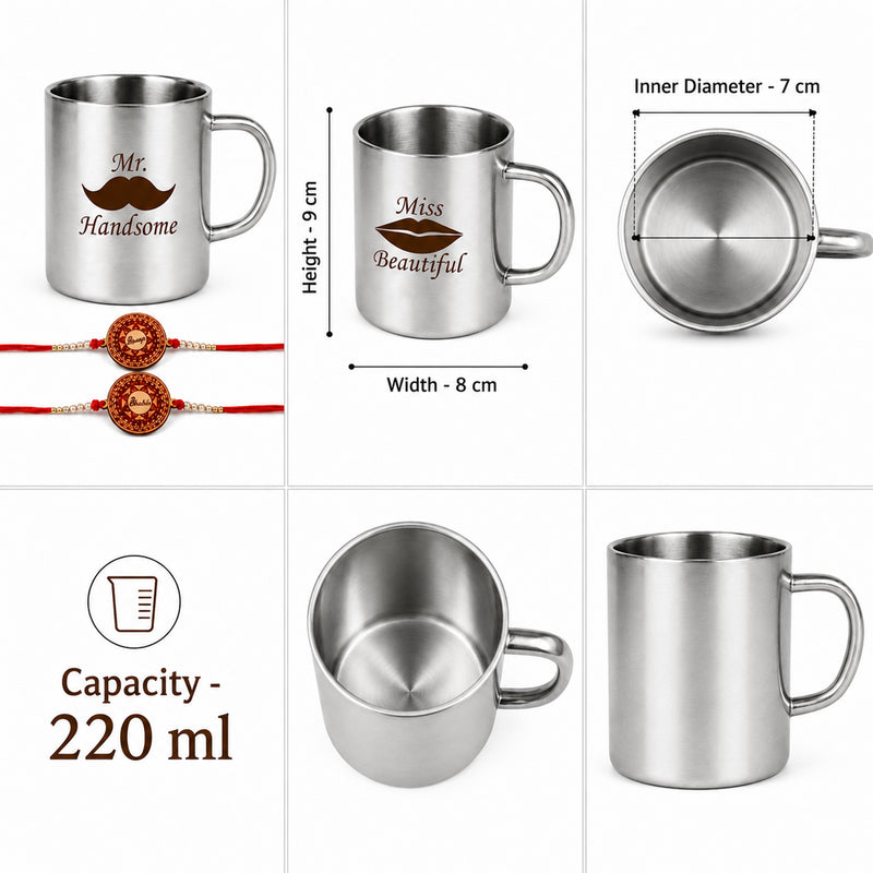 Couple Steel Mug Set of 2 with Rakhi Roli Chawal, Bhai Bhabhi Mug Set.