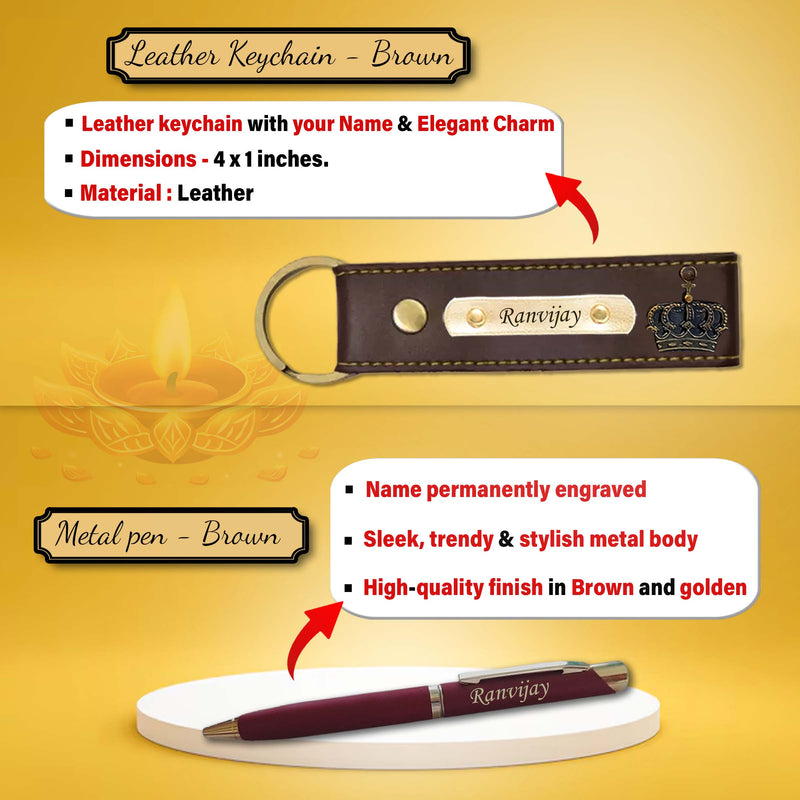 Diwali Gift Set for Men – Leather Wallet, Keychain, Bottle, Custom Pen With Dry Fruits & Diyas.