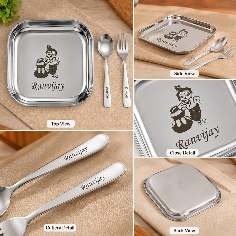 Kids Square Plate with Name & Cartoon Character Engraved