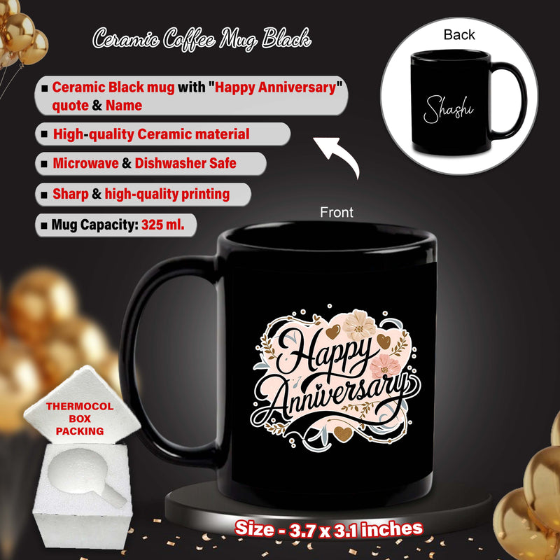 Black Mug & Keychain with Happy Anniversary Quote and Custom Name