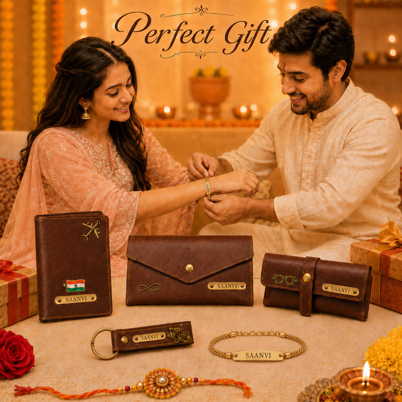 Customized Raksha Bandhan Gift for Sister | Customized Women’s Gift Combo Set 4 Pcs with Name Engraving & Golden Chain Rakhi