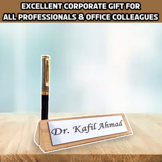 Metal Pen & Wooden Desk Name Plate cum Pen Stand with Engraved Name