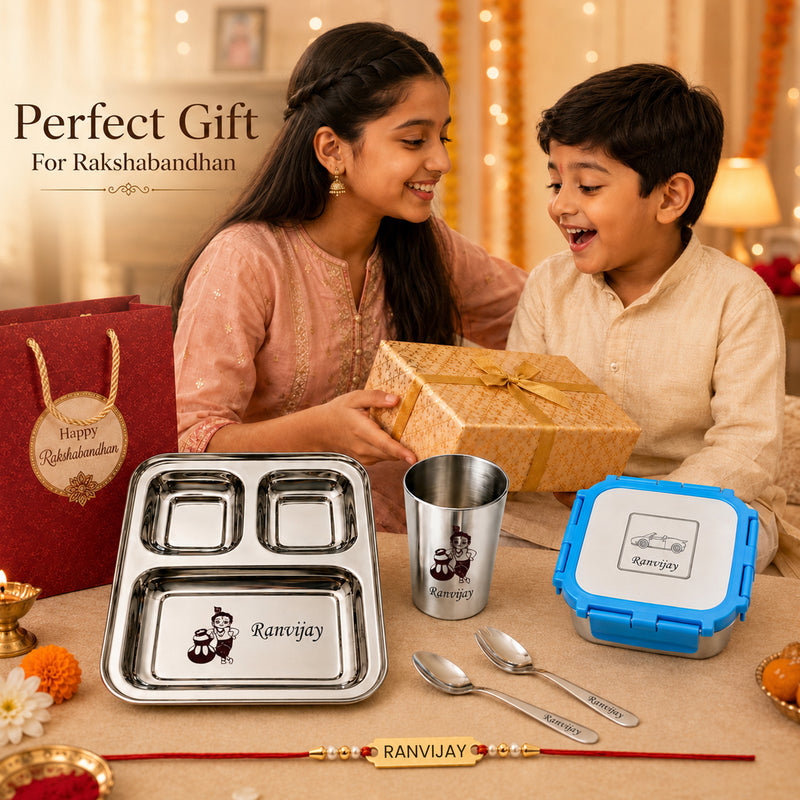 Customized Rakhi Gift Set | Custom Name Engraved 3 Compartment Steel Plate, Lunch Box & Foil Rakhi