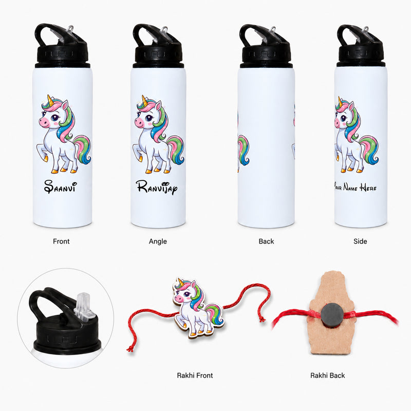 Customized 750 ML Aluminium Sipper Bottle with Name & Favourite Cartoon Print & Personalized Cartoon Caricature Rakhi (Copy)