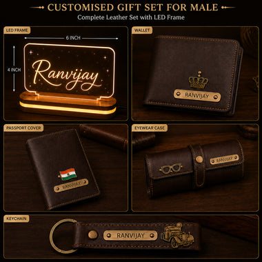 Customized Men's Gift 5 Pcs Combo Set with Leather Combo 4 Set and a Led Acrylic Name Frame.