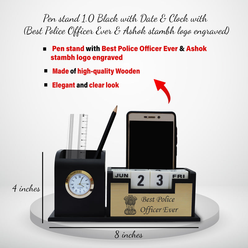 Police Officer Set - Pen with 'Best Police Officer' Engraved & Pen Stand with Ashok Stambh Logo