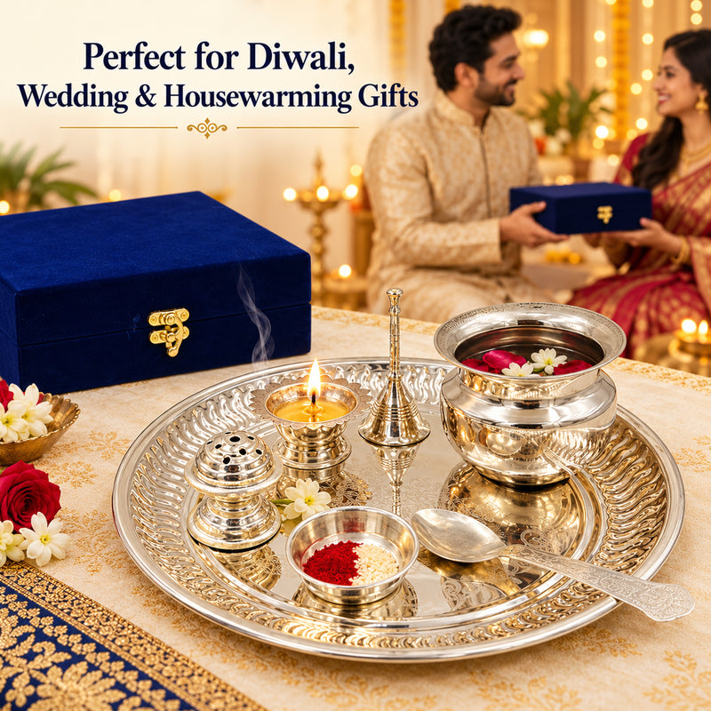 German Silver Swastik Pooja Thali Set with Velvet Gift Box | Silver Plated Diwali & Wedding Housewarming Gift