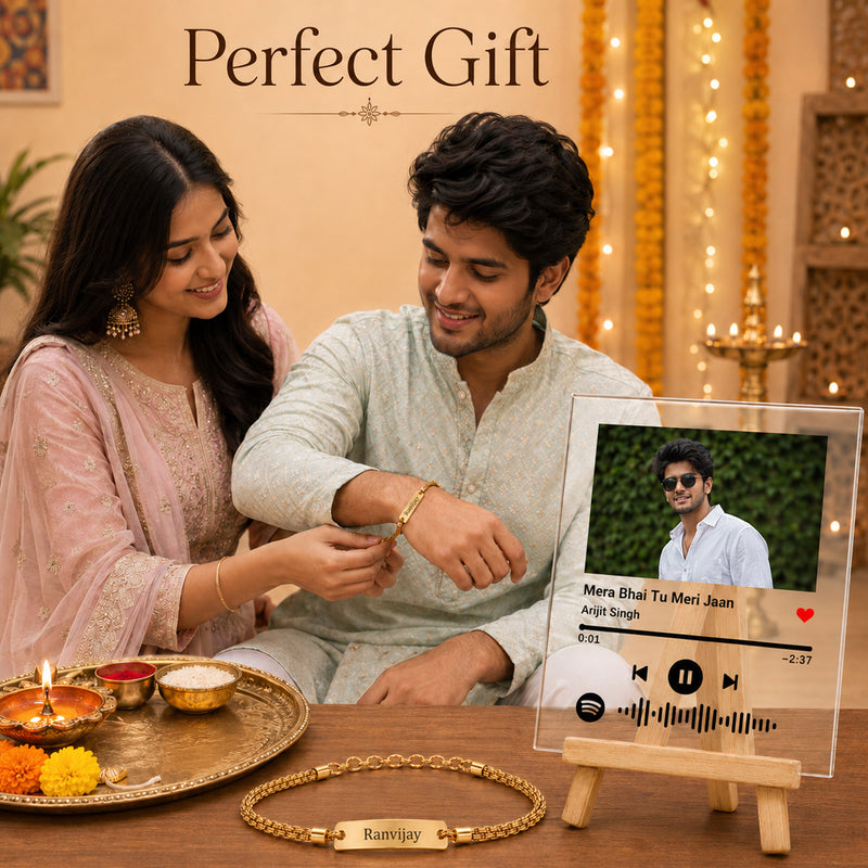 Customized Chain Rakhi with Name Engraving & Customized Spotify Photo Frame with Song Code