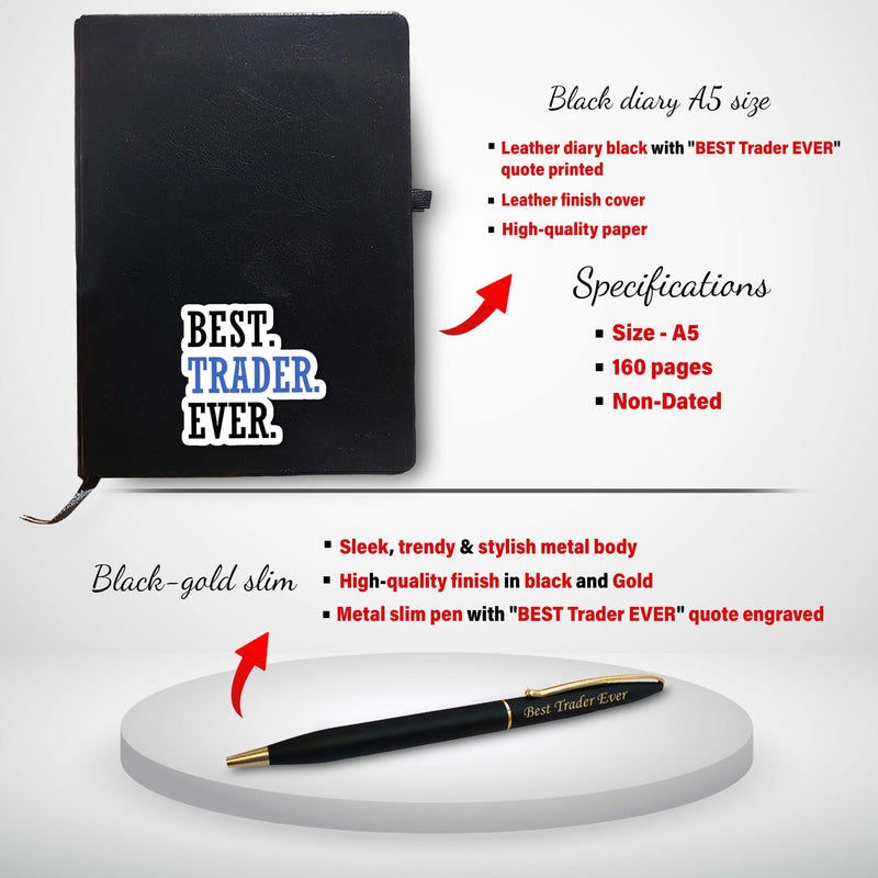 Trader Combo Set -Keychain, Bottle, Pen & Diary with 'BEST Trader EVER' Quote Printed.