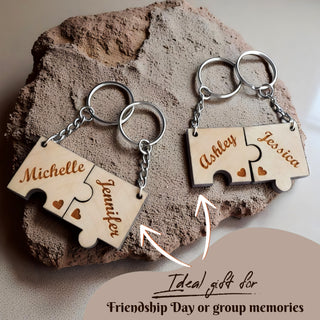 Personalized Gifts – Wooden Puzzle Best Friend Keychain Set of 4 | Custom Engraved Names.