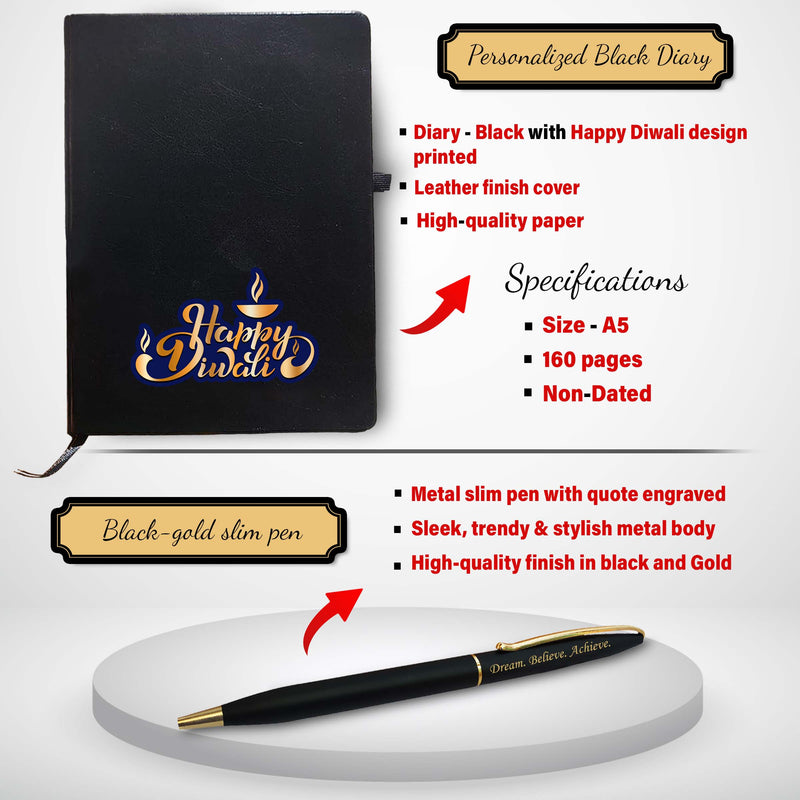 Diwali Gift Combo – Leather Diary, 'Happy Diwali' Bottle & Engraved Pen.