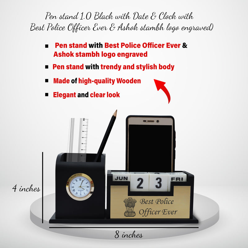 Police Combo - Pen & Diary with 'Best Police Officer Ever' Engraved, Pen Stand with Ashok Stambh Logo