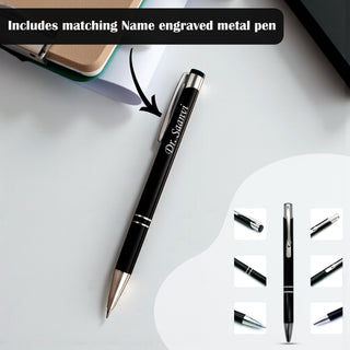 Customized Black Leather Diary with Coloured Doctor Logo & Name Engraved Pen.