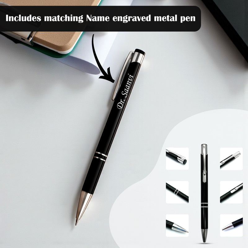 Customized Black Leather Diary with Coloured Doctor Logo & Name Engraved Pen.