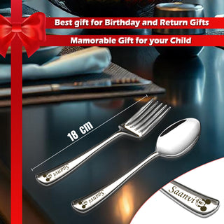 Stainless Steel Spoon & Fork Set with Name & Character Engraved.