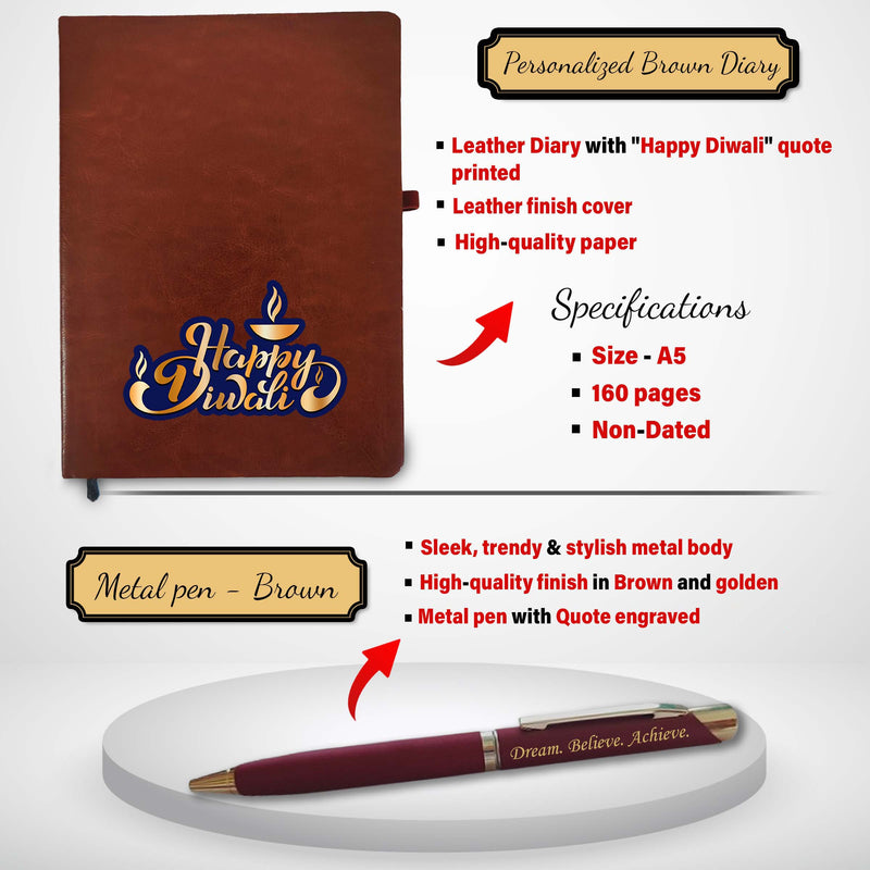 Diwali Gift Combo – Leather Diary, 'Happy Diwali' Bottle & Engraved Pen.