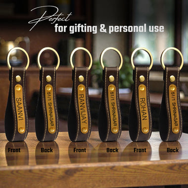 Leather Keychain Set of 3 with Custom Name, House Number & Mobile Number Engraved