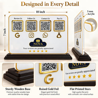 4-in-1 QR Code Standee 10×7 Inch Horizontal|Acrylic Google Review, Instagram, WhatsApp & UPI Payment