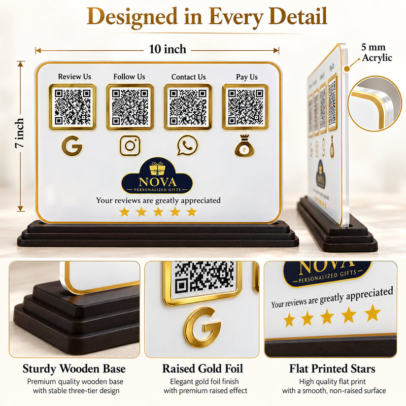 4-in-1 QR Code Standee 10×7 Inch Horizontal|Acrylic Google Review, Instagram, WhatsApp & UPI Payment