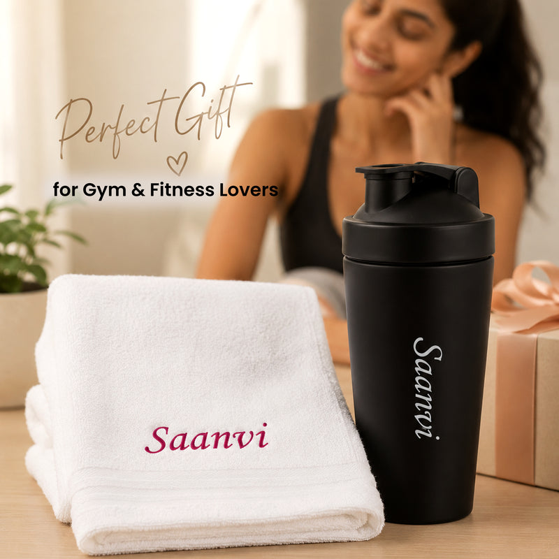 Customized Stainless Steel Gym Shaker & White Towel Combo set with Name| Best Gift for Gym Lover