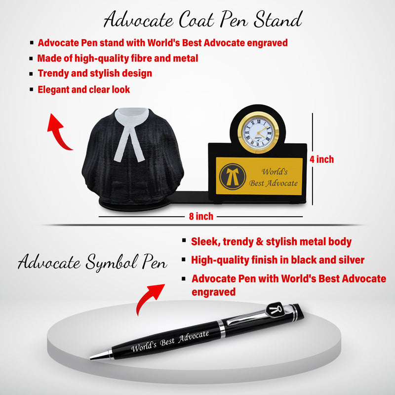 Advocate Pen, Fiber Pen Stand with Watch & Advocate Coffee Mug with 'World's Best Advocate' Engraved.