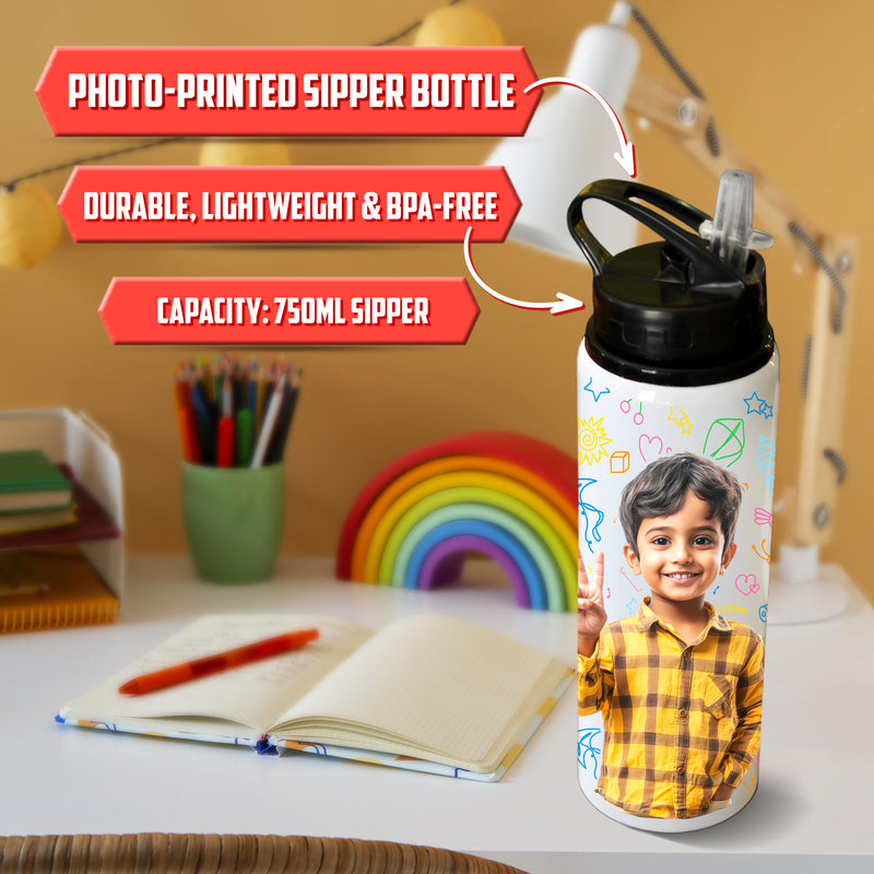 Personalized Kids Steel Plate Set with Cartoon & Name + Custom Photo Sipper Bottle