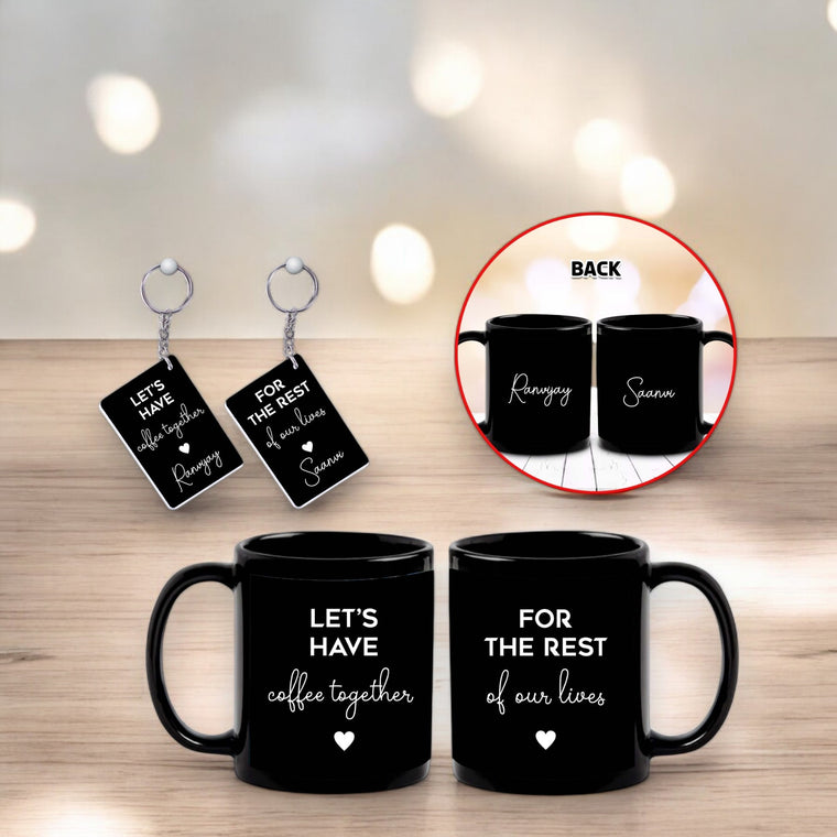 Anniversary Combo – Black Patch Mug & Keychain (Set of 2) with Let's Have Coffee Together Quote & Custom Name Printed.