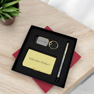 Golden Corporate Gift Set - Custom Engraved Pen, Keychain & Card Holder