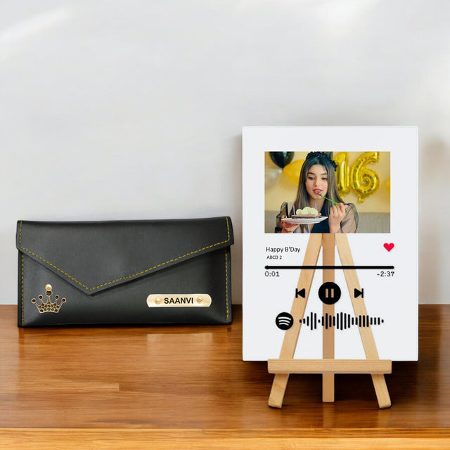 Birthday Combo: Personalized Acrylic Spotify Frame & Women's Clutch.