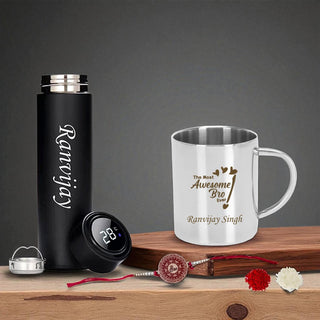 Personalized Rakhi Set: Awesome Bro Mug & Name Bottle.