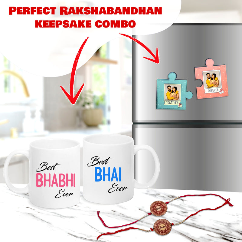Personalized Bhaiya Bhabhi Rakhi Combo – Photo Puzzle Magnet & Printed Mug Set with Rakhi