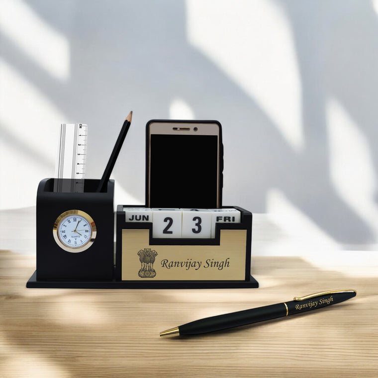 Elegant Officer Gift Set: Black-Gold Pen & Penstand.