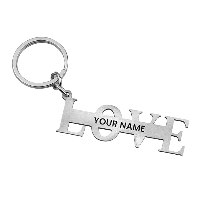 "Stainless Steel Love Symbol Keychain with Custom Name Engraving – A Perfect Token of Affection!"