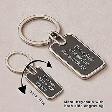 Black Metal Keychain with Name or Small Message Engraved On Front Side & Back Side Both.