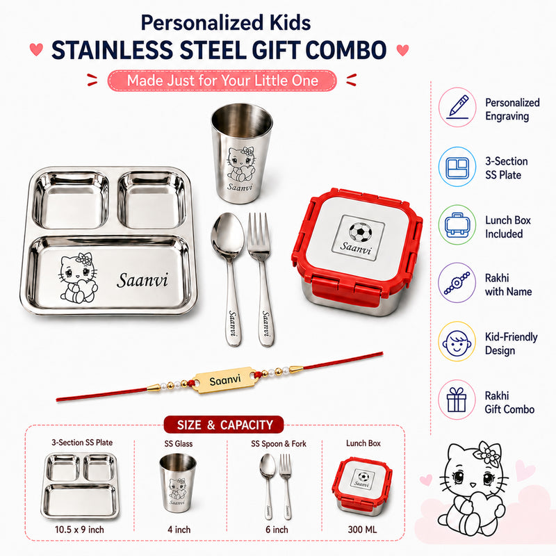 Customized Rakhi Gift Set | Custom Name Engraved 3 Compartment Steel Plate, Lunch Box & Foil Rakhi