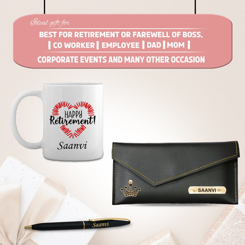 Retirement Gift for Her – Personalized Clutch, Mug, & Pen.