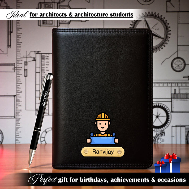 Customized Black Leather Diary with Coloured Logo Embossed & Name Engraved Pen.