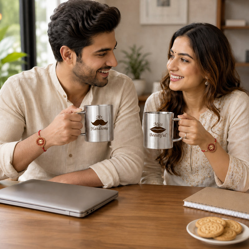 Couple Steel Mug Set of 2 with Rakhi Roli Chawal, Bhai Bhabhi Mug Set.