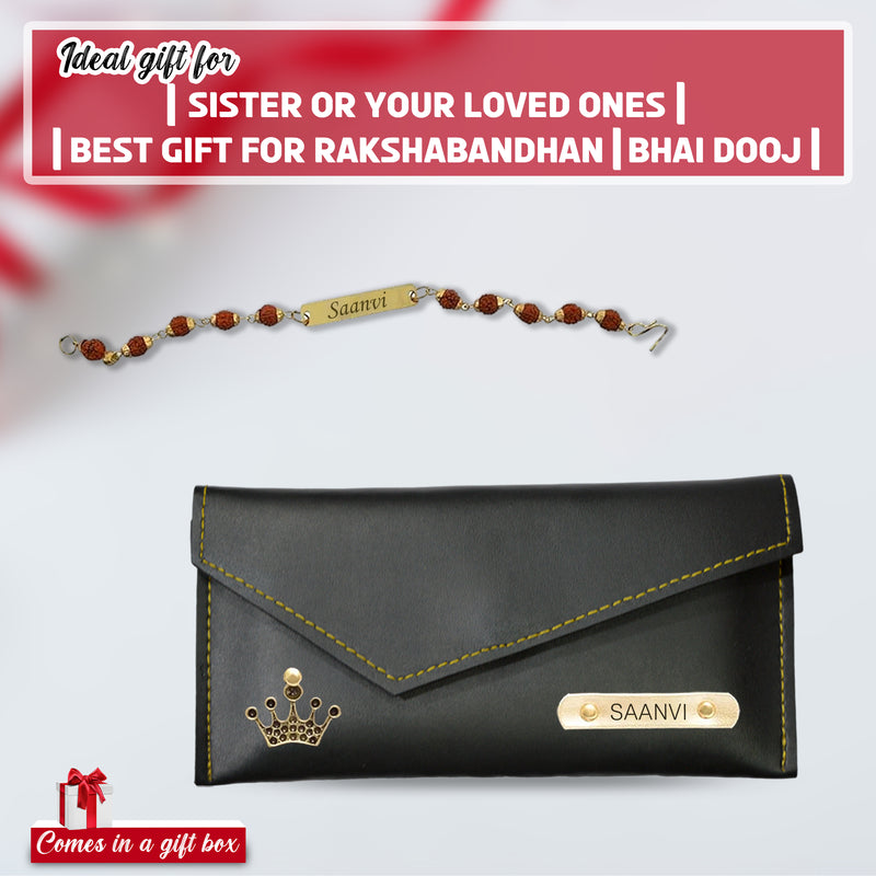 Rakhi Combo: Leather Clutch & Name Engraved Rudraksh Rakhi.