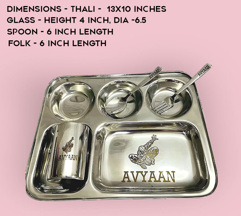 Custom Engraved Kids Meal Set - Thali, Glass, Spoon & Fork