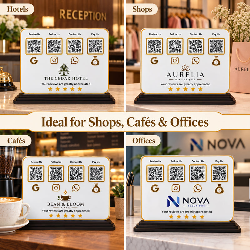 4-in-1 QR Code Standee 10×7 Inch Horizontal|Acrylic Google Review, Instagram, WhatsApp & UPI Payment