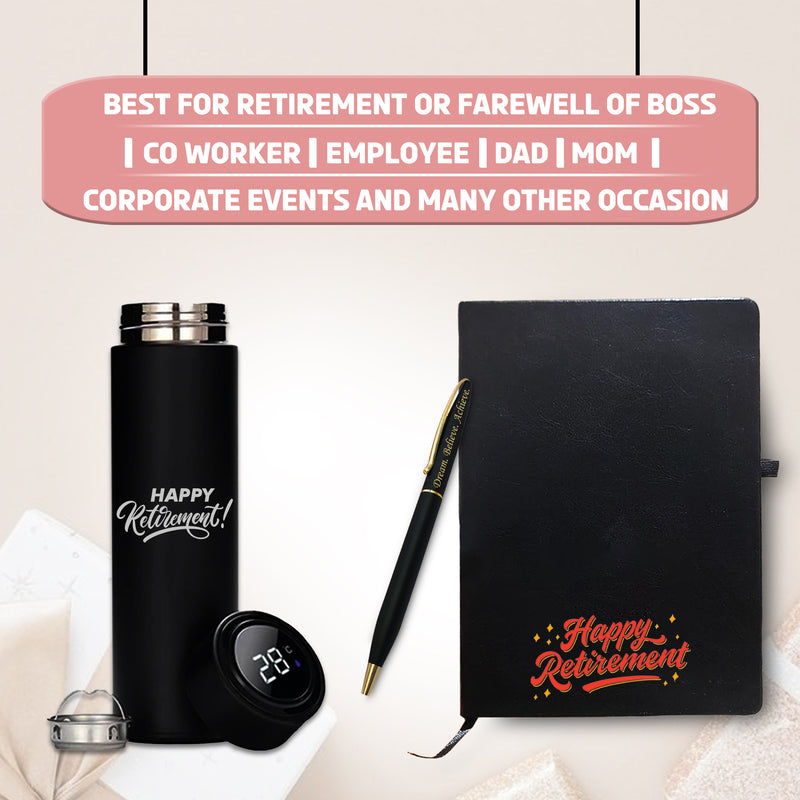 Retirement Gift Set – Pen, A5 Black Diary with Quote & Temperature Bottle –