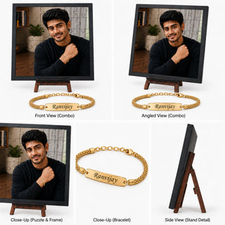 Customized Puzzle Photo Frame with Photo & Personalized Golden Chain Rakhi for Brother