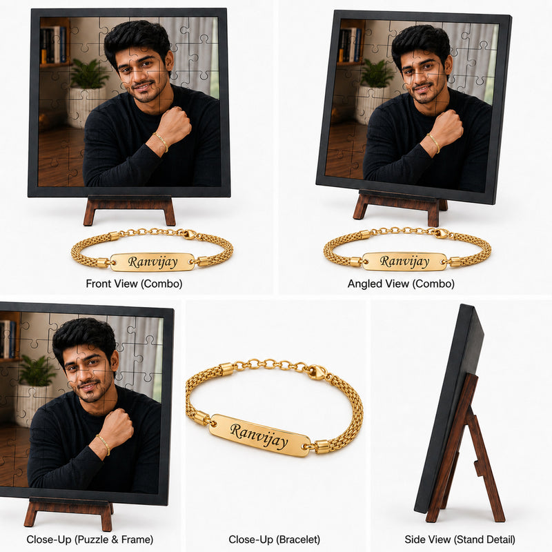 Customized Puzzle Photo Frame with Photo & Personalized Golden Chain Rakhi for Brother