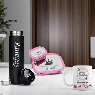 Christmas Gift Set For Female:- Coffee Mug , Black Bottle, Lunch Box