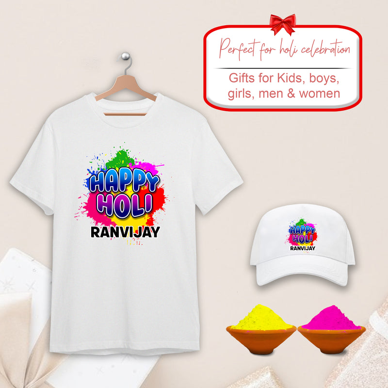 Personalized Holi Combo – T-Shirt & Cap with 2 Holi Colors