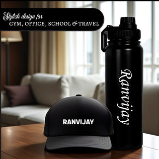 Customized 800 ML Stainless Steel Bottle & Black Cap – With Custom Name.