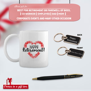 Retirement Gift Set – Pen, Metal Keychain with Quote & Ceramic Coffee Mug